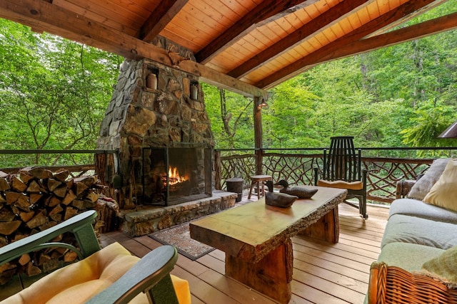 671 Walkingstick Rd, Highlands, NC 28741 - wooden deck featuring an outdoor stone fireplace and a forest view