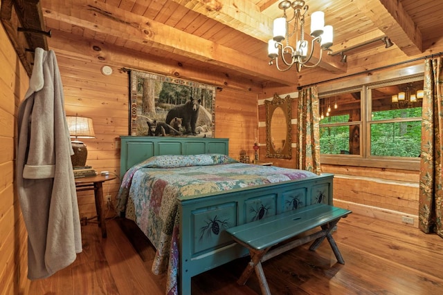 671 Walkingstick Rd, Highlands, NC 28741 - bedroom featuring a wood ceiling with exposed beams, a chandelier, wood walls, and hardwood / wood-style flooring