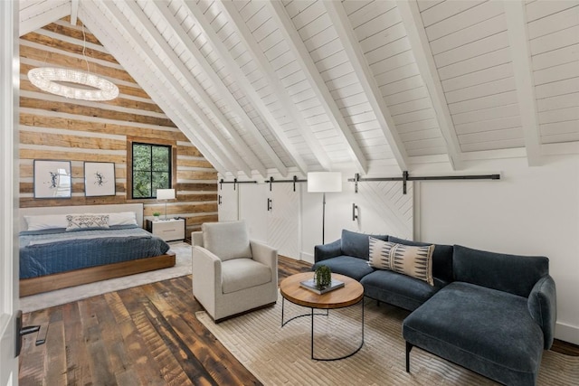 453 Bright Mountain Rd, Cullowhee, NC 28723 - bedroom featuring hardwood / wood-style floors, wooden walls, wood ceiling, and a barn door