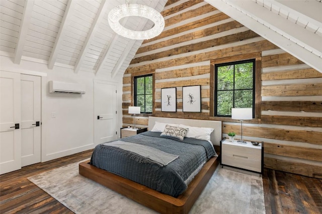 453 Bright Mountain Rd, Cullowhee, NC 28723 - bedroom with wooden walls, a wall unit AC, hardwood / wood-style flooring, and wooden ceiling