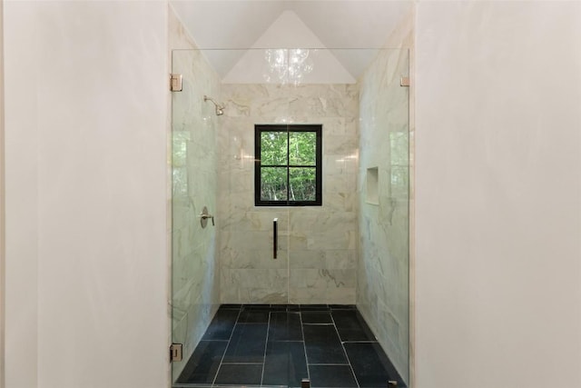 453 Bright Mountain Rd, Cullowhee, NC 28723 - bathroom with a marble finish shower and a chandelier