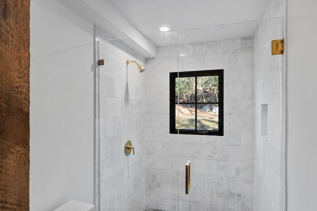 bathroom featuring a shower with door