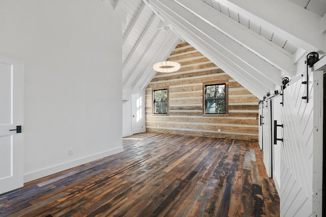 unfurnished living room featuring vaulted ceiling with beams, wooden walls, and dark hardwood / wood-style flooring