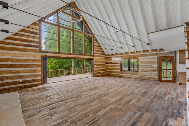 unfurnished living room with wood-type flooring, high vaulted ceiling, and wood walls