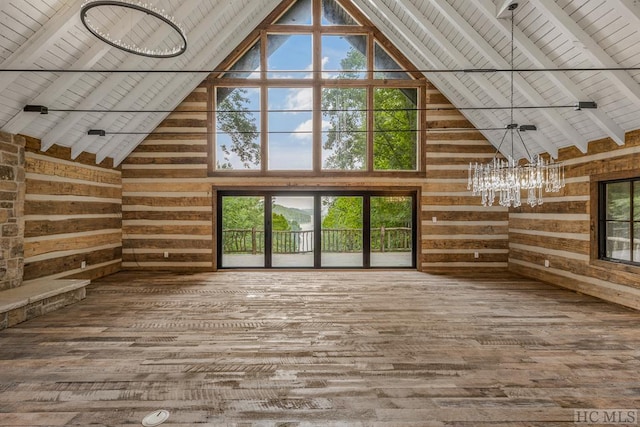 unfurnished living room featuring hardwood / wood-style flooring, beam ceiling, wood ceiling, and wood walls