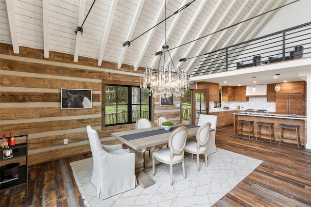 453 Bright Mountain Rd, Cullowhee, NC 28723 - dining space featuring high vaulted ceiling, dark wood-style floors, a chandelier, wooden walls, and wood ceiling with exposed beams