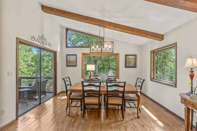 dining room with lofted ceiling with beams, baseboards, an inviting chandelier, and light wood-style flooring