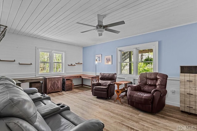 living room with wood ceiling, ceiling fan, wooden walls, and light wood-type flooring