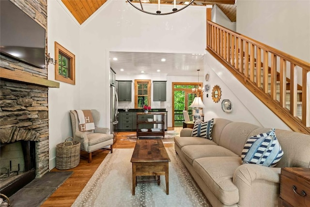 60 Glassy Vw, Cashiers, NC 28717 - living area with wood finished floors, stairway, high vaulted ceiling, a fireplace, and wooden ceiling