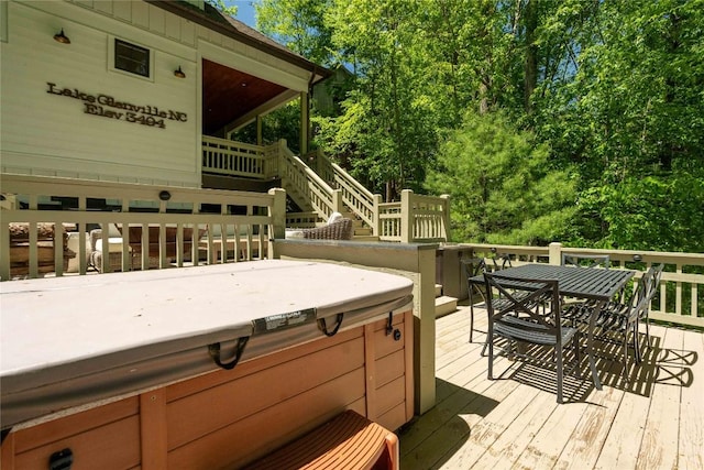 60 Glassy Vw, Cashiers, NC 28717 - wooden deck with outdoor dining space, a hot tub, and stairway