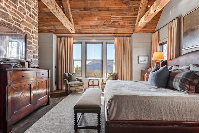 196 Stove Pipe Ct, Cashiers, NC 28717 - bedroom with wooden ceiling and dark wood finished floors