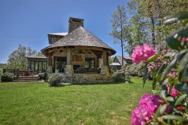 196 Stove Pipe Ct, Cashiers, NC 28717 - view of grassy yard with a wooden deck and french doors