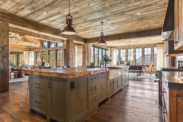 196 Stove Pipe Ct, Cashiers, NC 28717 - kitchen with butcher block countertops, wooden ceiling, gray cabinetry, a kitchen island, and healthy amount of natural light