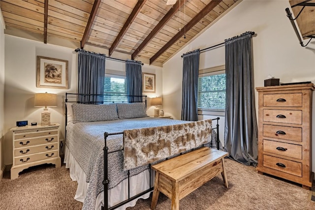 carpeted bedroom featuring wooden ceiling and multiple windows