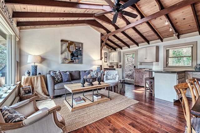 living room featuring wood ceiling, dark wood-style floors, and a ceiling fan