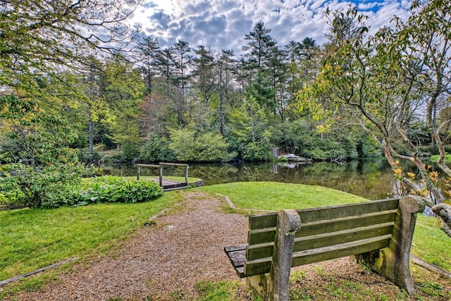 view of home's community with a water view, a yard, and a forest view