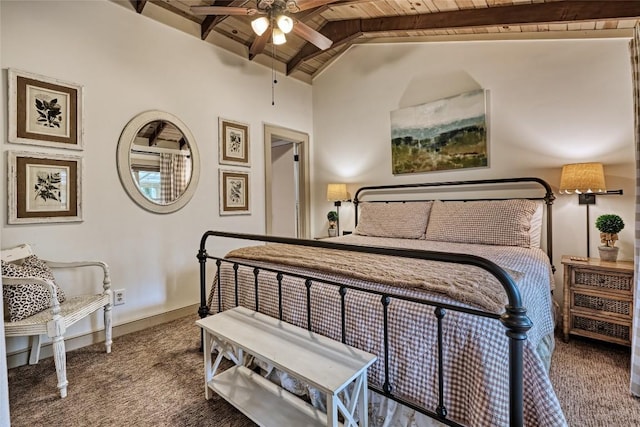 bedroom featuring wood ceiling, carpet floors, baseboards, and ceiling fan