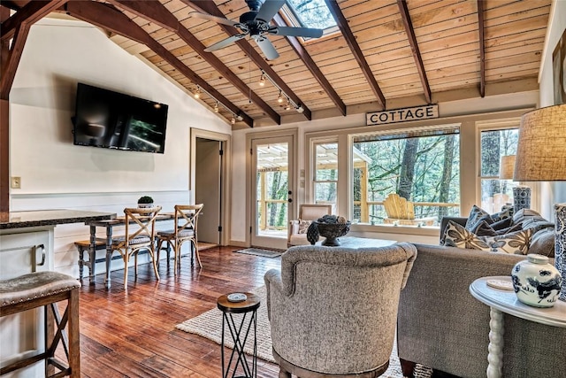 living room with wooden ceiling, dark wood finished floors, and a ceiling fan