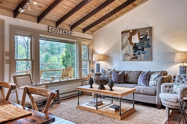 living area featuring wood ceiling, hardwood / wood-style floors, and a baseboard radiator