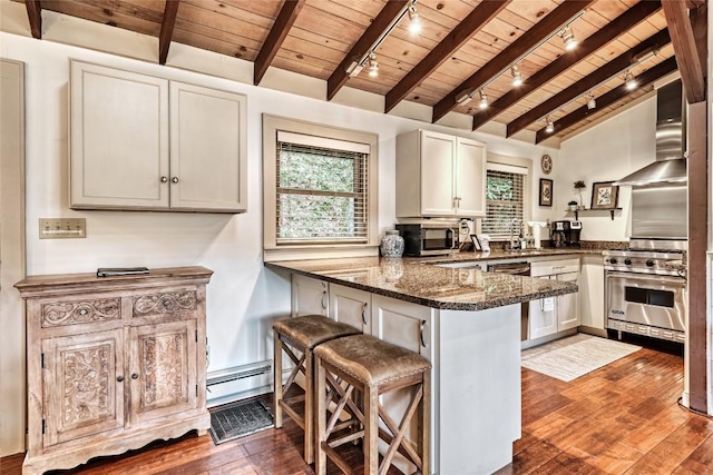 kitchen featuring stainless steel appliances, wood ceiling, wall chimney range hood, dark wood finished floors, and a peninsula
