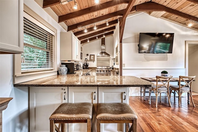 kitchen featuring wood ceiling, wall chimney exhaust hood, white cabinets, wood finished floors, and high end range