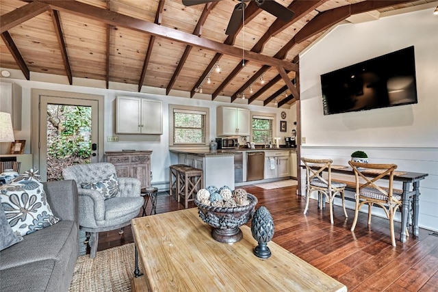 living area featuring wood ceiling, plenty of natural light, and dark wood finished floors