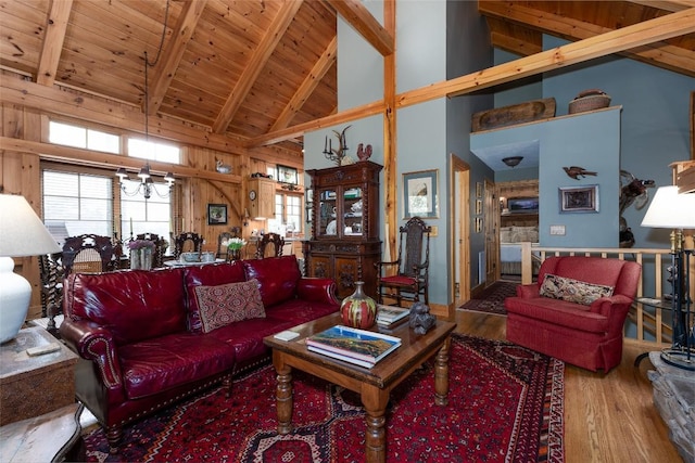 8 Par Path, Cashiers, NC 28717 - living area featuring high vaulted ceiling, wood finished floors, a wood ceiling with exposed beams, a chandelier, and wooden walls