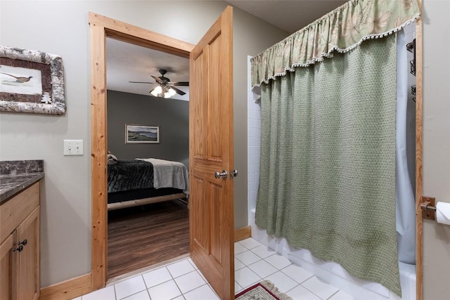 8 Par Path, Cashiers, NC 28717 - full bath featuring shower / tub combo with curtain, vanity, ensuite bath, tile patterned flooring, and ceiling fan
