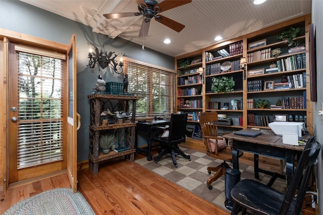 8 Par Path, Cashiers, NC 28717 - office featuring ceiling fan, plenty of natural light, wood finished floors, recessed lighting, and built in shelves