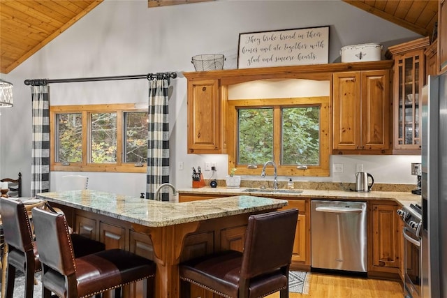 kitchen with a breakfast bar, lofted ceiling, appliances with stainless steel finishes, a sink, and wooden ceiling