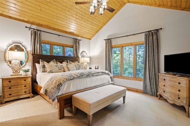 carpeted bedroom featuring high vaulted ceiling, wooden ceiling, and a ceiling fan