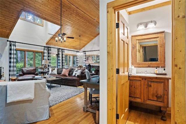 living room featuring light wood-style floors, wooden ceiling, high vaulted ceiling, and a ceiling fan