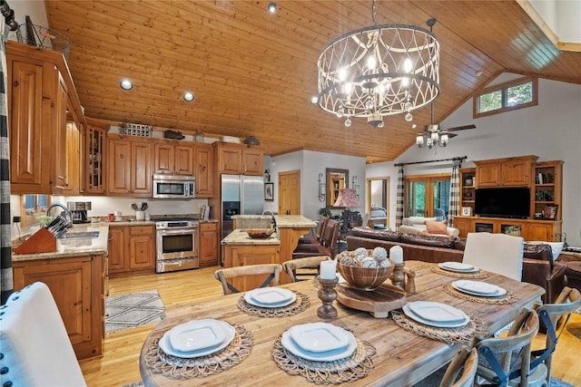 dining room featuring high vaulted ceiling, light wood-style floors, wood ceiling, and a notable chandelier