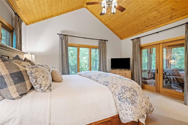 carpeted bedroom featuring ceiling fan, high vaulted ceiling, wooden ceiling, and access to exterior