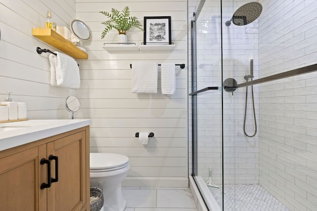 28 Toxaway Pt Unit 7, Lake Toxaway, NC 28747 - bathroom with a stall shower, marble finish floors, vanity, and wood walls