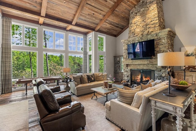 547 Burl Ln, Cashiers, NC 28717 - living room with a towering ceiling, wood ceiling with exposed beams, and a fireplace