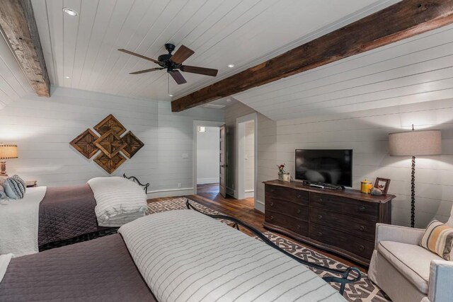 547 Burl Ln, Cashiers, NC 28717 - bedroom featuring beam ceiling, wood finished floors, recessed lighting, baseboards, and wood walls
