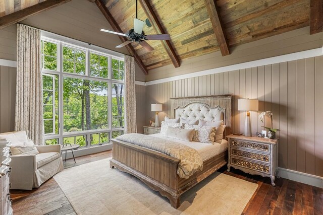 547 Burl Ln, Cashiers, NC 28717 - bedroom featuring wood-type flooring, wooden ceiling, wood walls, and ceiling fan