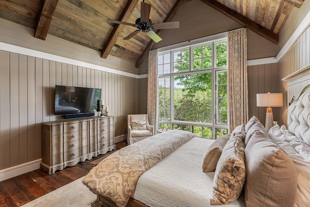 547 Burl Ln, Cashiers, NC 28717 - bedroom with hardwood / wood-style flooring, wood ceiling, wooden walls, ceiling fan, and baseboards