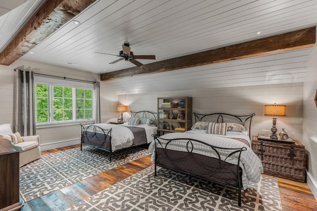 547 Burl Ln, Cashiers, NC 28717 - bedroom with wood finished floors, beamed ceiling, a ceiling fan, wood walls, and baseboards