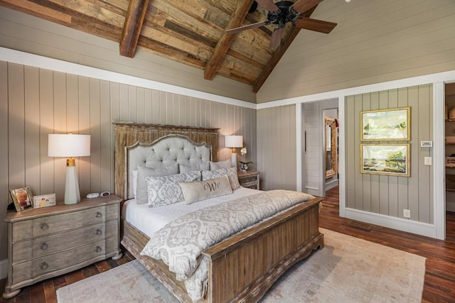547 Burl Ln, Cashiers, NC 28717 - bedroom with hardwood / wood-style flooring, beamed ceiling, wooden walls, baseboards, and high vaulted ceiling