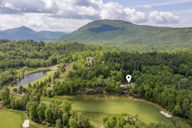 547 Burl Ln, Cashiers, NC 28717 - drone / aerial view of a heavily wooded area, a water and mountain view, and a golf course