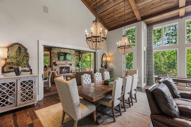 547 Burl Ln, Cashiers, NC 28717 - dining room featuring a chandelier, wood ceiling with exposed beams, high vaulted ceiling, a stone fireplace, and wood finished floors