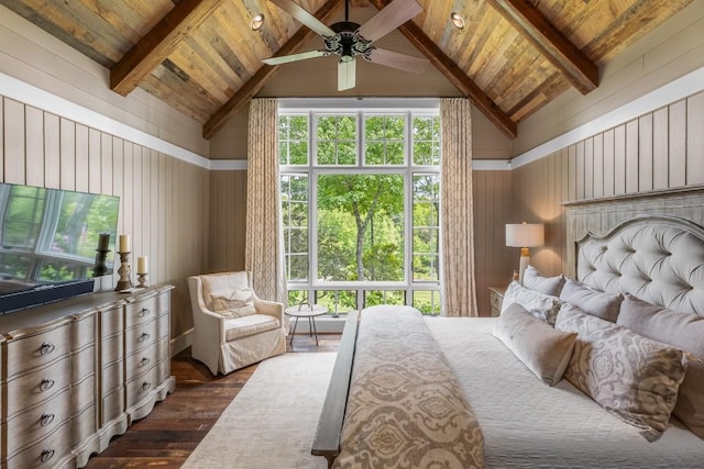 547 Burl Ln, Cashiers, NC 28717 - bedroom with dark wood finished floors, wood ceiling, a ceiling fan, and wood walls