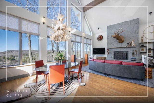 dining space with a stone fireplace, plenty of natural light, and wood finished floors