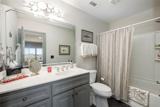 bathroom with visible vents, shower / bath combo with shower curtain, toilet, and vanity