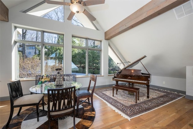 dining space with visible vents, baseboards, ceiling fan, and wood finished floors