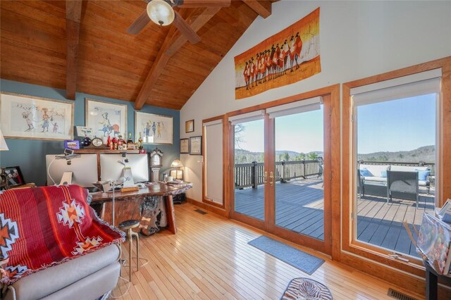 home office with visible vents, high vaulted ceiling, ceiling fan, wood-type flooring, and beamed ceiling