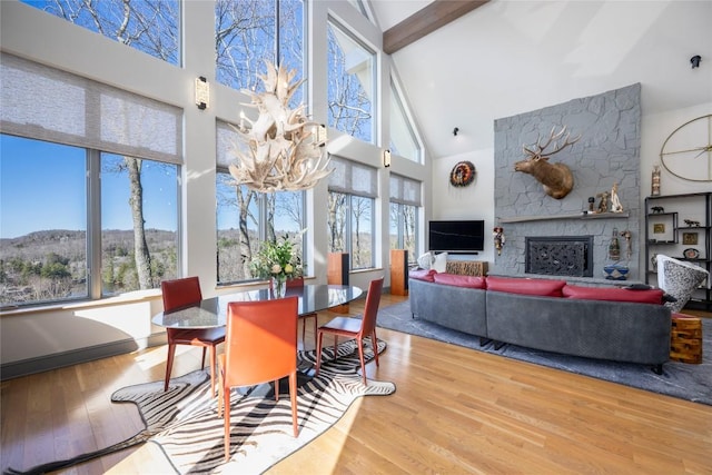 dining space featuring a stone fireplace, wood finished floors, and a healthy amount of sunlight