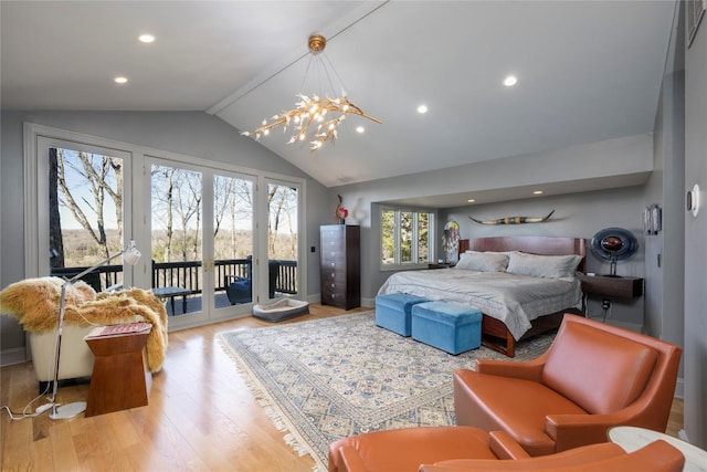 bedroom with recessed lighting, access to exterior, vaulted ceiling, light wood-style floors, and a notable chandelier